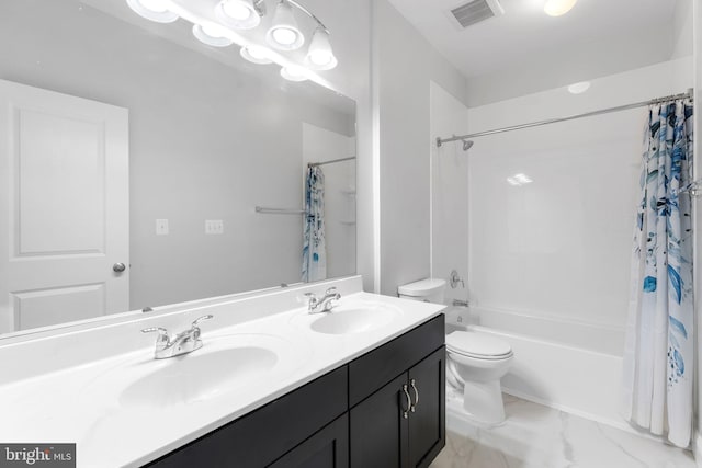 22559 Windsor Locks Sq, Ashburn, VA 20148 - full bath with double vanity, shower / bath combo, toilet, and marble finish flooring