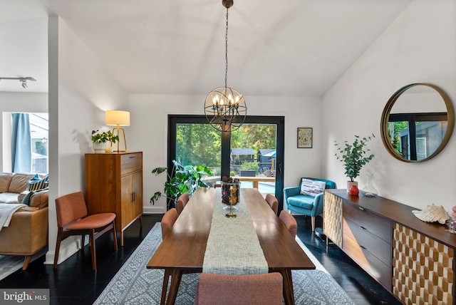 4304 Starview Ct, Glen Arm, MD 21057 - dining area with dark wood-style floors, vaulted ceiling, and a chandelier