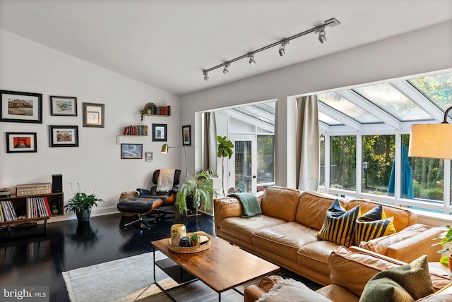 4304 Starview Ct, Glen Arm, MD 21057 - living room with lofted ceiling, track lighting, hardwood / wood-style floors, and a skylight
