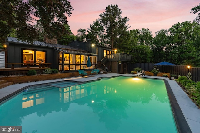 4304 Starview Ct, Glen Arm, MD 21057 - view of pool featuring a deck, stairs, a fenced backyard, a pool with connected hot tub, and view of scattered trees