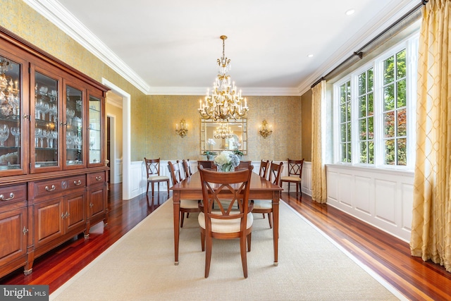 1412 Mount Pleasant Rd, Villanova, PA 19085 - dining room with wallpapered walls, wood finished floors, a wainscoted wall, a chandelier, and ornamental molding