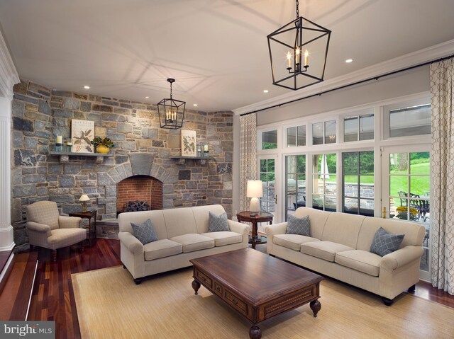 1412 Mount Pleasant Rd, Villanova, PA 19085 - living room with a chandelier, wood finished floors, recessed lighting, and a fireplace