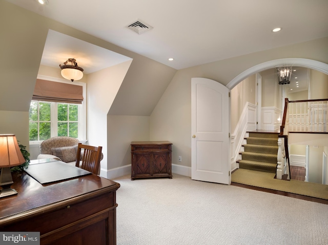 1412 Mount Pleasant Rd, Villanova, PA 19085 - home office with light carpet, a chandelier, lofted ceiling, recessed lighting, and baseboards