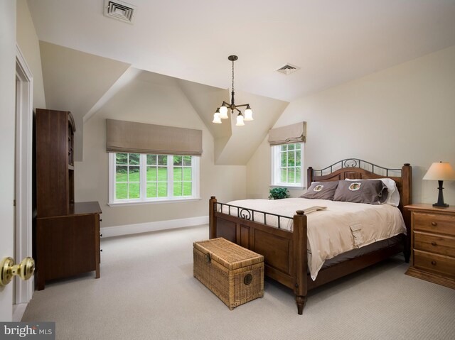 1412 Mount Pleasant Rd, Villanova, PA 19085 - bedroom with light carpet, baseboards, a chandelier, and vaulted ceiling