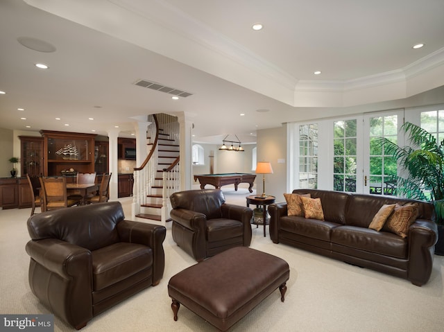 1412 Mount Pleasant Rd, Villanova, PA 19085 - living area with billiards, light colored carpet, recessed lighting, stairs, and ornamental molding