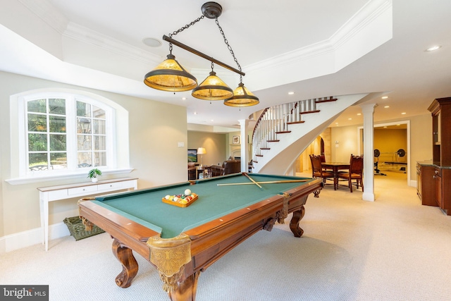 1412 Mount Pleasant Rd, Villanova, PA 19085 - game room featuring crown molding, light colored carpet, a tray ceiling, billiards, and baseboards