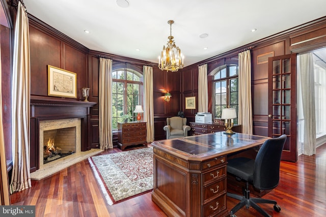 1412 Mount Pleasant Rd, Villanova, PA 19085 - office space with a chandelier, dark wood-type flooring, crown molding, and a fireplace