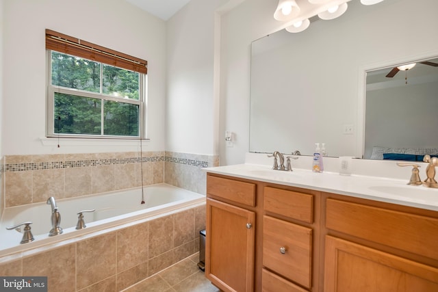9161 Landon House Ln, Frederick, MD 21704 - bathroom featuring double vanity, a garden tub, a ceiling fan, and tile patterned flooring