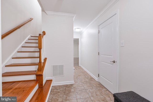 9161 Landon House Ln, Frederick, MD 21704 - staircase featuring crown molding, tile patterned flooring, and baseboards