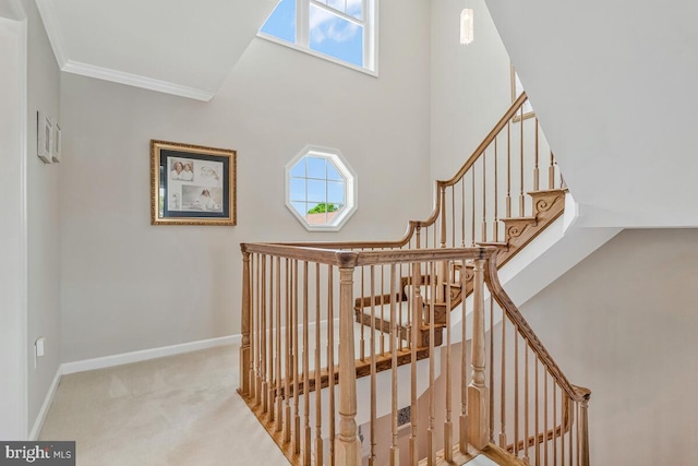 3300 Shore Dr, Annapolis, MD 21403 - stairway featuring healthy amount of natural light, ornamental molding, carpet, baseboards, and a towering ceiling