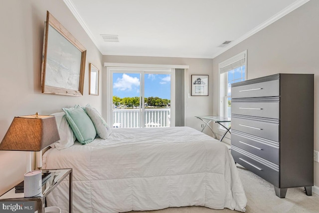 3300 Shore Dr, Annapolis, MD 21403 - bedroom featuring access to exterior, light carpet, ornamental molding, and baseboards