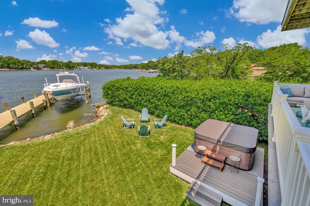 3300 Shore Dr, Annapolis, MD 21403 - dock featuring a hot tub, boat lift, a water view, and a lawn