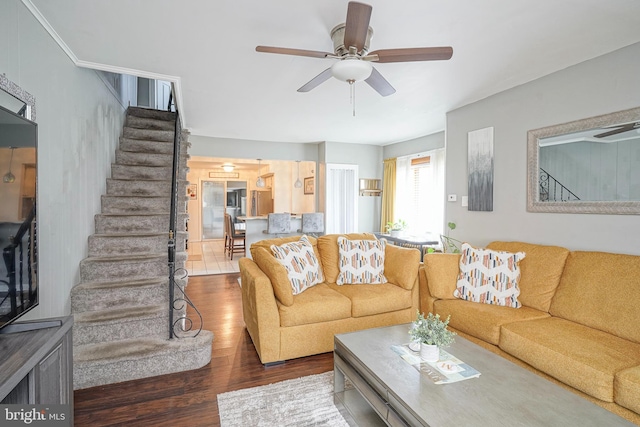 3725 King Ave, Pennsauken, NJ 08110 - living area with stairs, a ceiling fan, and wood finished floors