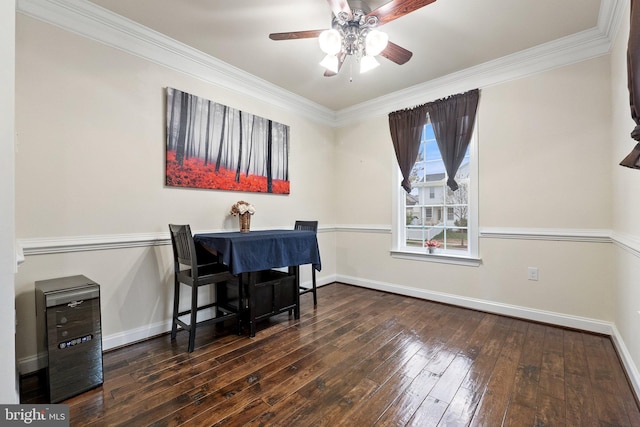 1257 N Fairfax Blvd, Ranson, WV 25438 - dining space with baseboards, hardwood / wood-style floors, crown molding, and a ceiling fan