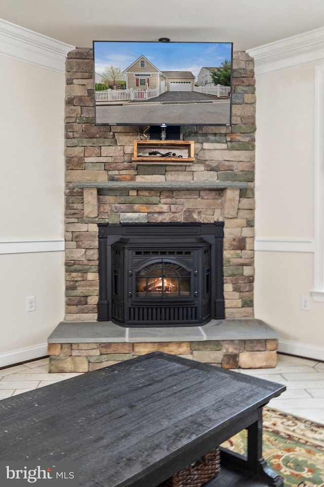 1257 N Fairfax Blvd, Ranson, WV 25438 - detailed view of ornamental molding, baseboards, and a wood stove