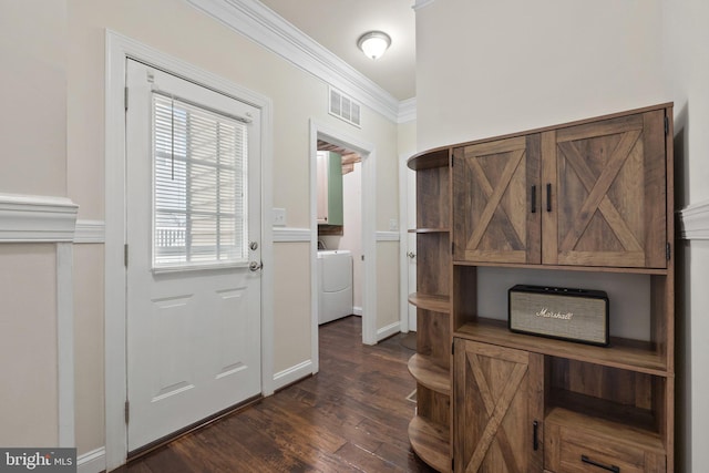 1257 N Fairfax Blvd, Ranson, WV 25438 - entrance foyer featuring washer / dryer, ornamental molding, and dark wood-style floors