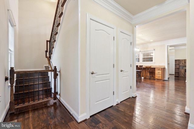 1257 N Fairfax Blvd, Ranson, WV 25438 - foyer entrance with stairs, dark wood-style flooring, ornamental molding, and baseboards
