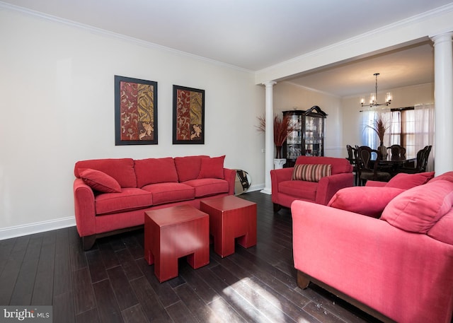 8 Bordeaux Blvd, Newark, DE 19702 - living area with decorative columns, a chandelier, dark wood-style flooring, and ornamental molding