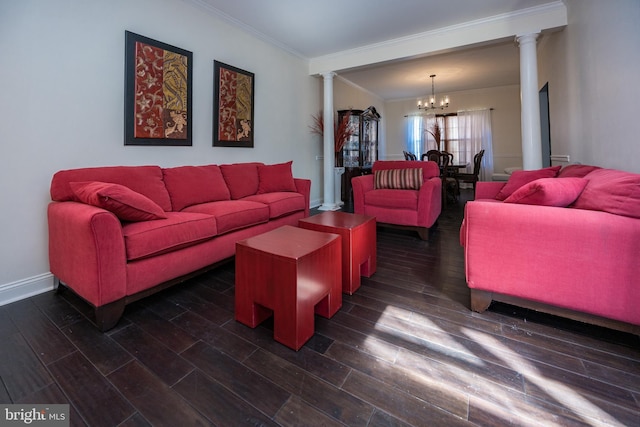 8 Bordeaux Blvd, Newark, DE 19702 - living area with decorative columns, a chandelier, crown molding, and dark wood-style floors
