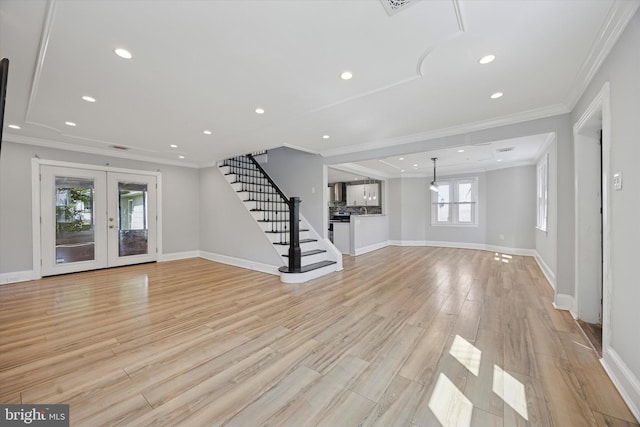 722 Mason Ave, Drexel Hill, PA 19026 - unfurnished living room featuring french doors, crown molding, recessed lighting, stairs, and baseboards