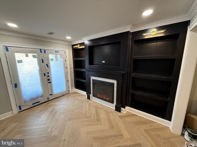 422 11th St SE, Washington, DC 20003 - unfurnished living room featuring ornamental molding, a fireplace, recessed lighting, and baseboards