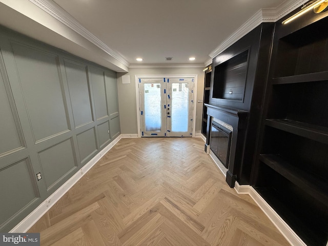 422 11th St SE, Washington, DC 20003 - entrance foyer with french doors, a fireplace, recessed lighting, ornamental molding, and baseboards