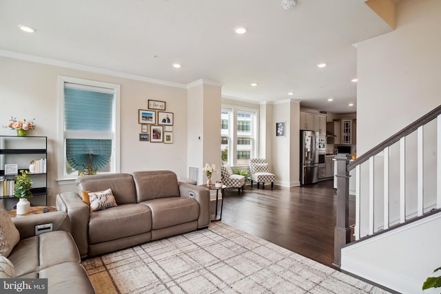 906 Vermeer Ave, Gaithersburg, MD 20878 - living area with stairway, recessed lighting, crown molding, dark wood finished floors, and baseboards