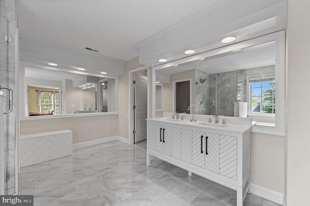 859 Empress Rd, West Chester, PA 19382 - full bath with marble finish floors, double vanity, a stall shower, baseboards, and plenty of natural light