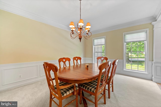 859 Empress Rd, West Chester, PA 19382 - dining area featuring light carpet, ornamental molding, wainscoting, and a chandelier