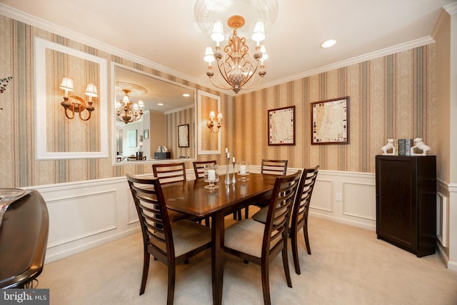 32 Granite Ln Unit 8, Chester Springs, PA 19425 - dining room featuring a chandelier, wallpapered walls, light carpet, a wainscoted wall, and ornamental molding