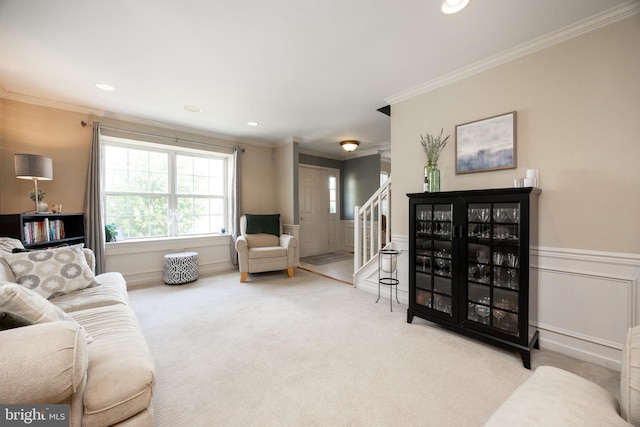 32 Granite Ln Unit 8, Chester Springs, PA 19425 - carpeted living room featuring ornamental molding, wainscoting, stairs, recessed lighting, and a decorative wall