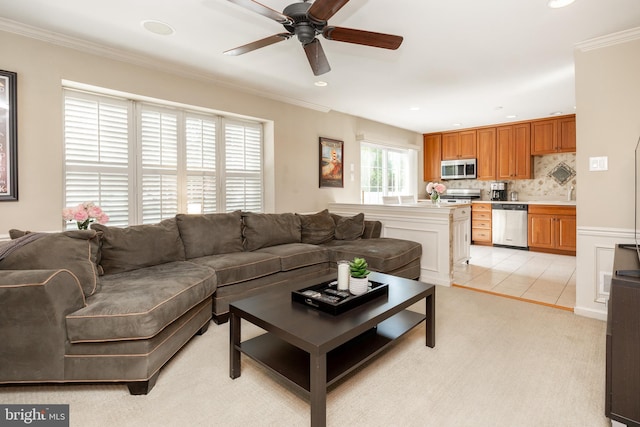 32 Granite Ln Unit 8, Chester Springs, PA 19425 - living room with a ceiling fan, ornamental molding, recessed lighting, and light colored carpet