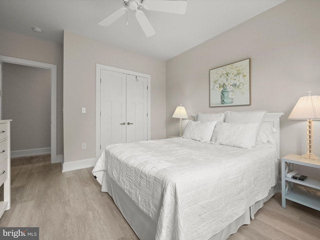 8101 Connecticut Ave Unit S 608, Chevy Chase, MD 20815 - bedroom featuring light wood-style flooring, a closet, baseboards, and ceiling fan