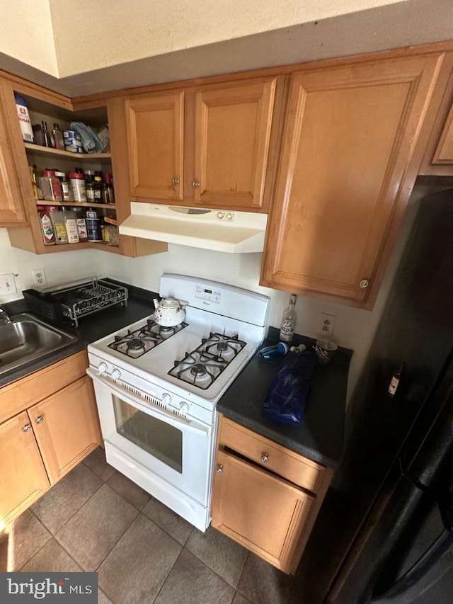 713A-2 Willow St # A-2, Lansdale, PA 19446 - kitchen with gas range gas stove, under cabinet range hood, dark countertops, dark tile patterned flooring, and open shelves