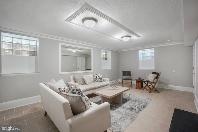 514 Silver Spring Ave, Silver Spring, MD 20910 - living area with light tile patterned flooring, a textured ceiling, baseboards, and ornamental molding
