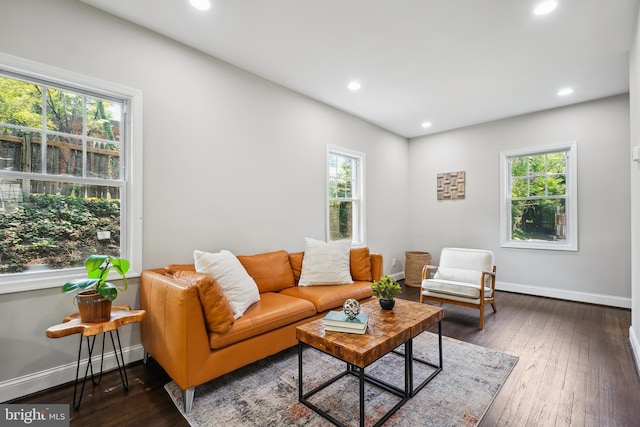 514 Silver Spring Ave, Silver Spring, MD 20910 - living room with a baseboard radiator, recessed lighting, baseboards, and dark wood-style flooring