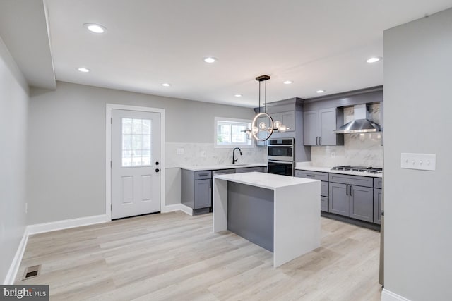 5002 Chalgrove Ave, Baltimore, MD 21215 - kitchen featuring wall chimney range hood, stainless steel appliances, gray cabinets, light countertops, and decorative backsplash