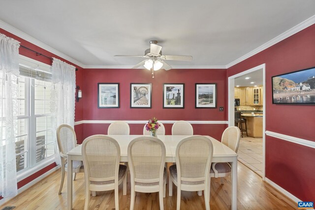 14 Patriot Ln, Palmyra, VA 22963 - dining space with a ceiling fan, light wood-style floors, crown molding, and baseboards