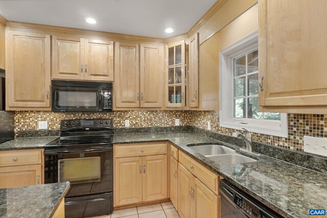 14 Patriot Ln, Palmyra, VA 22963 - kitchen featuring black appliances, a sink, light brown cabinetry, glass insert cabinets, and dark stone counters