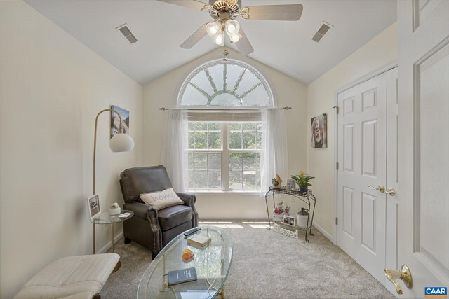 14 Patriot Ln, Palmyra, VA 22963 - living area with carpet flooring, vaulted ceiling, a ceiling fan, and baseboards