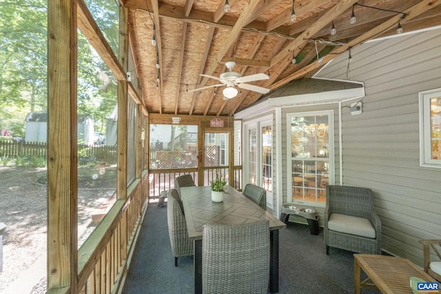 14 Patriot Ln, Palmyra, VA 22963 - sunroom / solarium featuring a ceiling fan, vaulted ceiling, and outdoor dining space