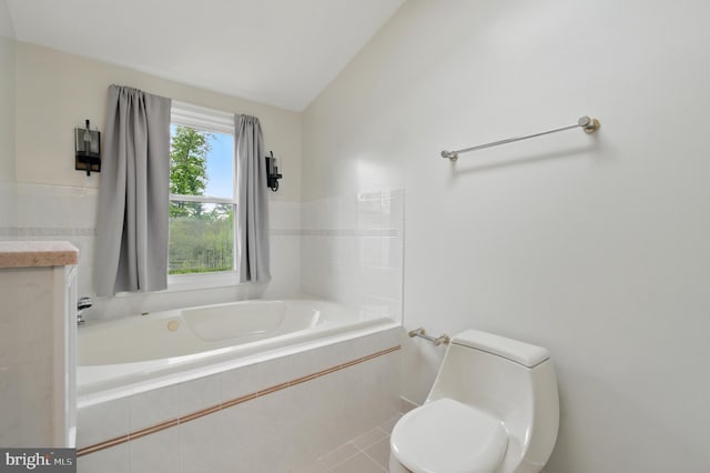 5762 Lichenbark Cir, New Market, MD 21774 - full bathroom with a garden tub, toilet, tile patterned flooring, and vaulted ceiling