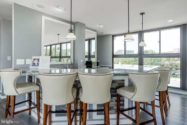 600 Roosevelt Blvd Unit 510, Falls Church, VA 22044 - kitchen with light stone counters, dark wood-style flooring, hanging light fixtures, and a kitchen breakfast bar