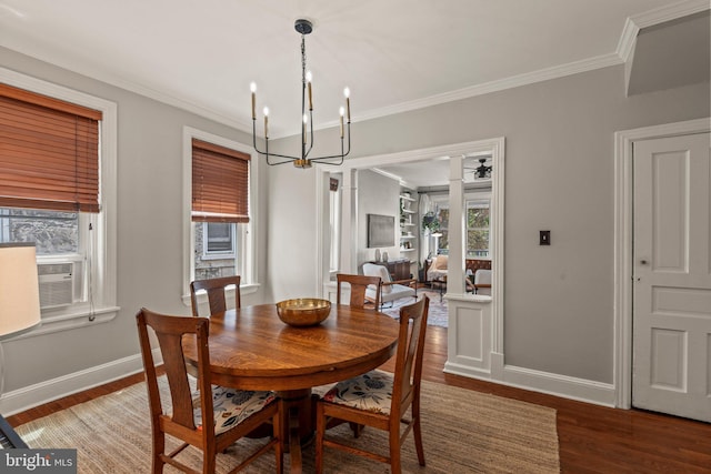 327 W Fourth St, Media, PA 19063 - dining room featuring a chandelier, baseboards, ornamental molding, wood finished floors, and cooling unit