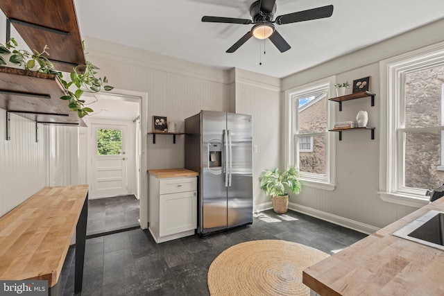 327 W Fourth St, Media, PA 19063 - kitchen with open shelves, stainless steel fridge, wood counters, a ceiling fan, and healthy amount of natural light