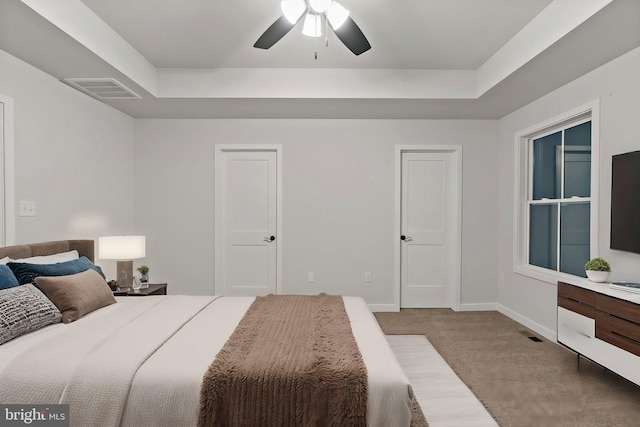 183 Silage Ln, Berkeley Springs, WV 25411 - bedroom with carpet flooring, baseboards, a tray ceiling, and ceiling fan