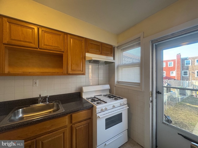 331 Garden Ave, Camden, NJ 08105 - kitchen with white gas range, under cabinet range hood, a sink, brown cabinets, and decorative backsplash