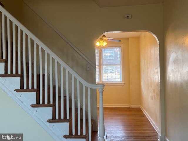 331 Garden Ave, Camden, NJ 08105 - staircase with wood finished floors, baseboards, arched walkways, and a ceiling fan