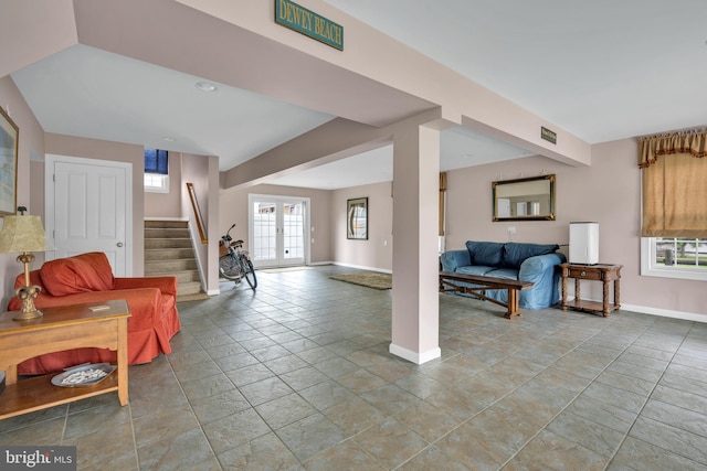 107 Swedes St, Dewey Beach, DE 19971 - living area featuring stairs and stone tile flooring