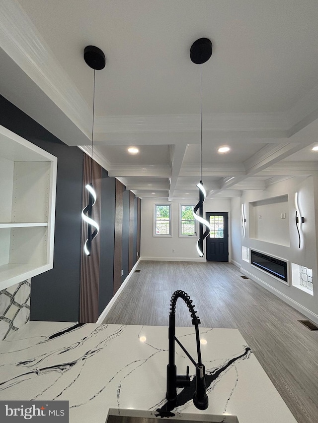 1748 N Chester St, Baltimore, MD 21213 - interior space with wood finished floors, coffered ceiling, recessed lighting, ornamental molding, and baseboards